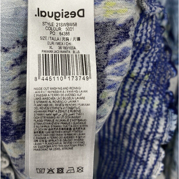 Desigual Off Shoulder Top Size XL Sheila Blue Mediterranean Pattern Long Sleeves - Picture 9 of 11